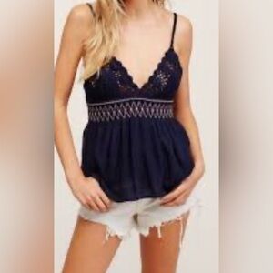Free People navy blue crochet cropped boho cami top size small